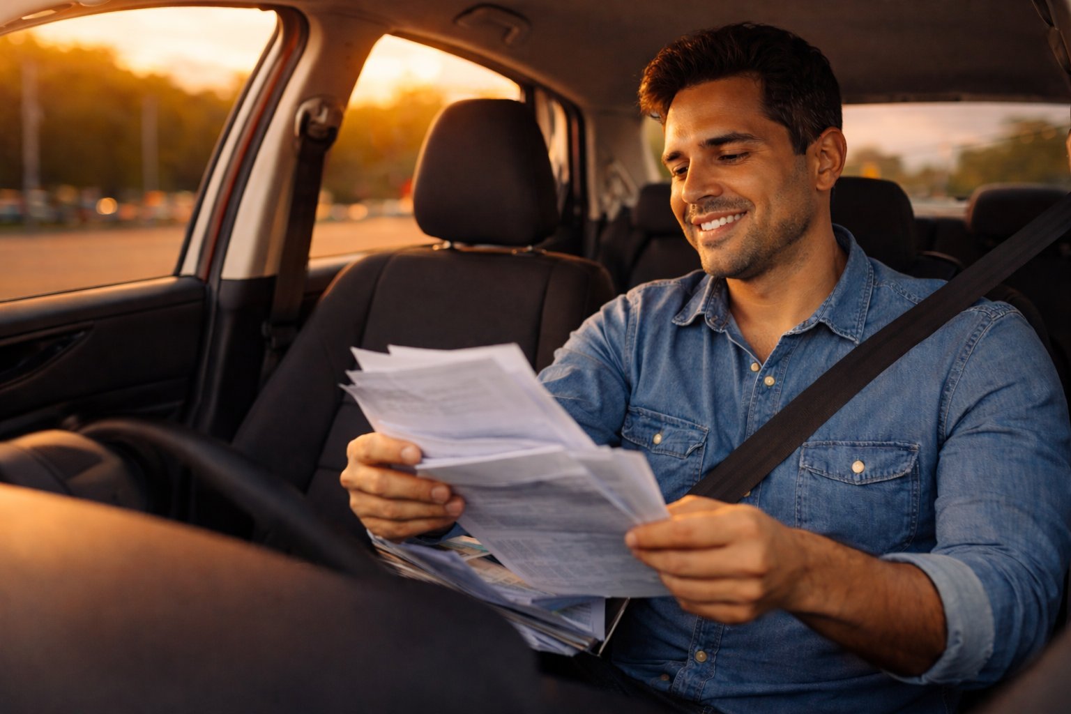 Man in blue shirt smiling while reading a map inside a parked car at sunset