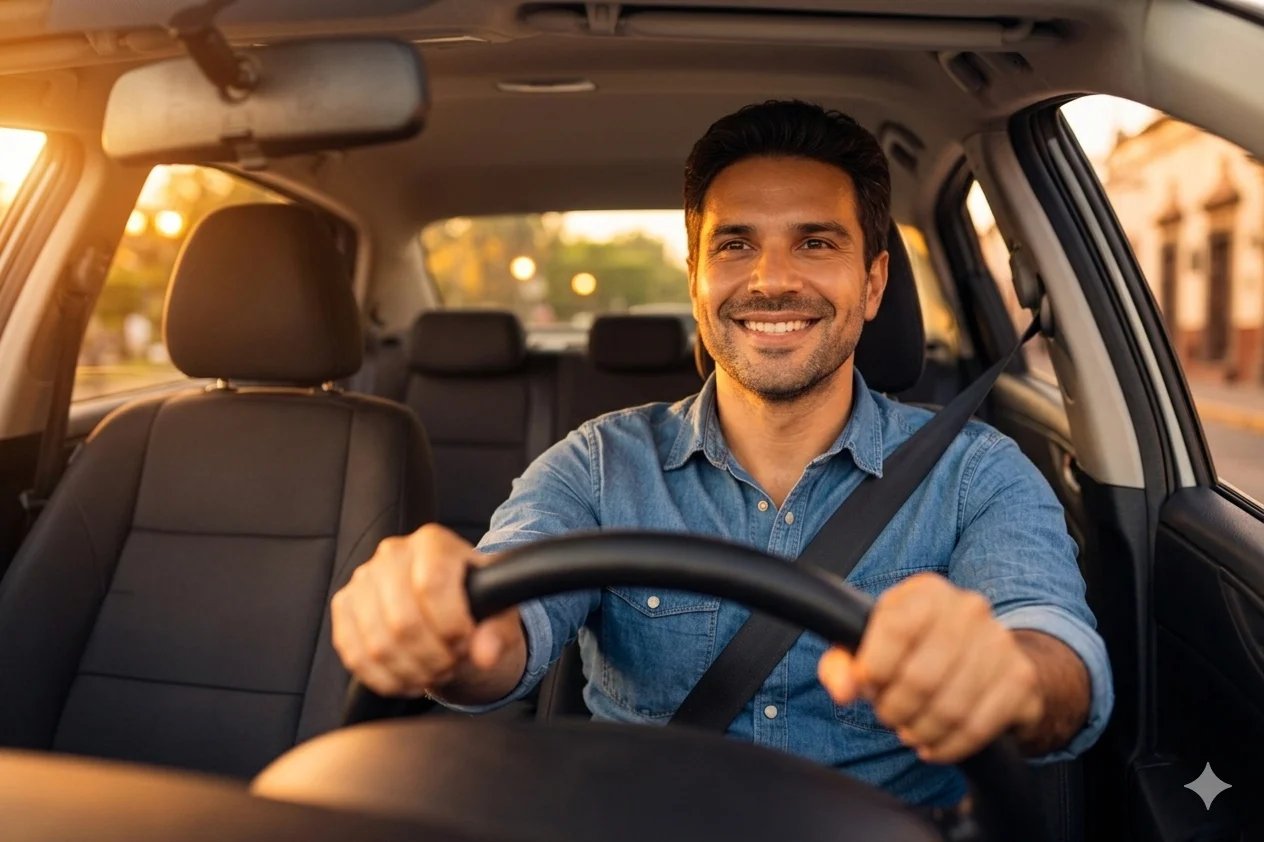 Smiling man with dark hair wearing blue shirt driving car, holding steering wheel, warm evening lighting inside vehicle
